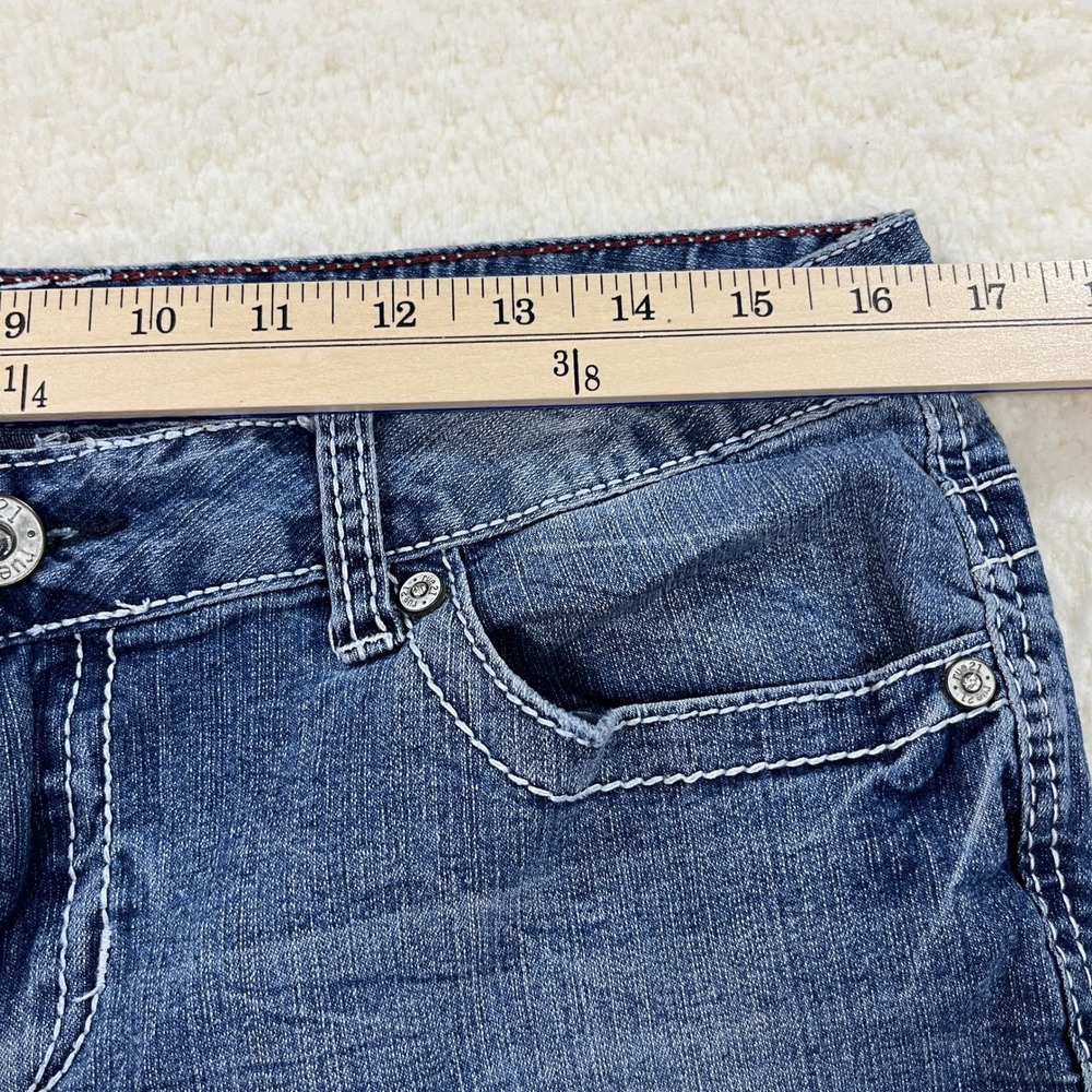 rue21 Crops Women 11/12 Blue Denim Capri Jeans Raw Hem Distressed Stretch Y2K - Picture 4 of 11